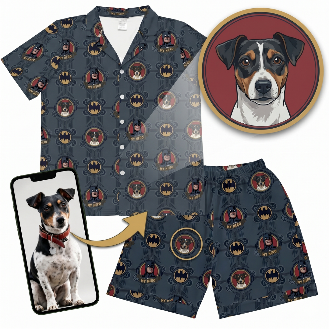 Shirt and shorts with dog pattern, phone with dog photo, and inset of dog on red background.