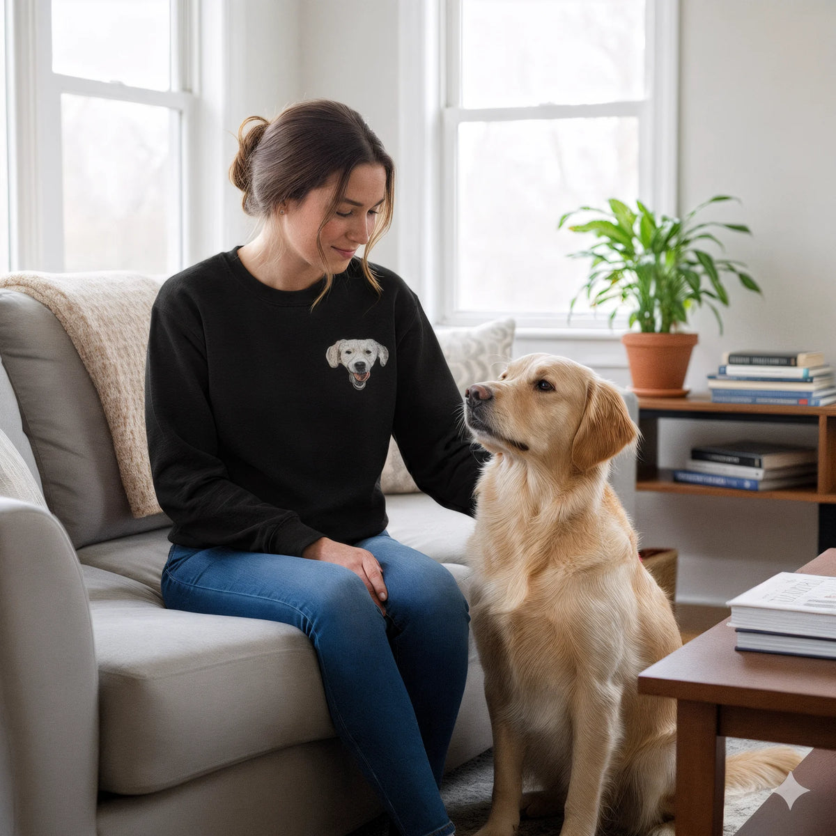 Woman sitting on a couch with a dog in a cozy living room