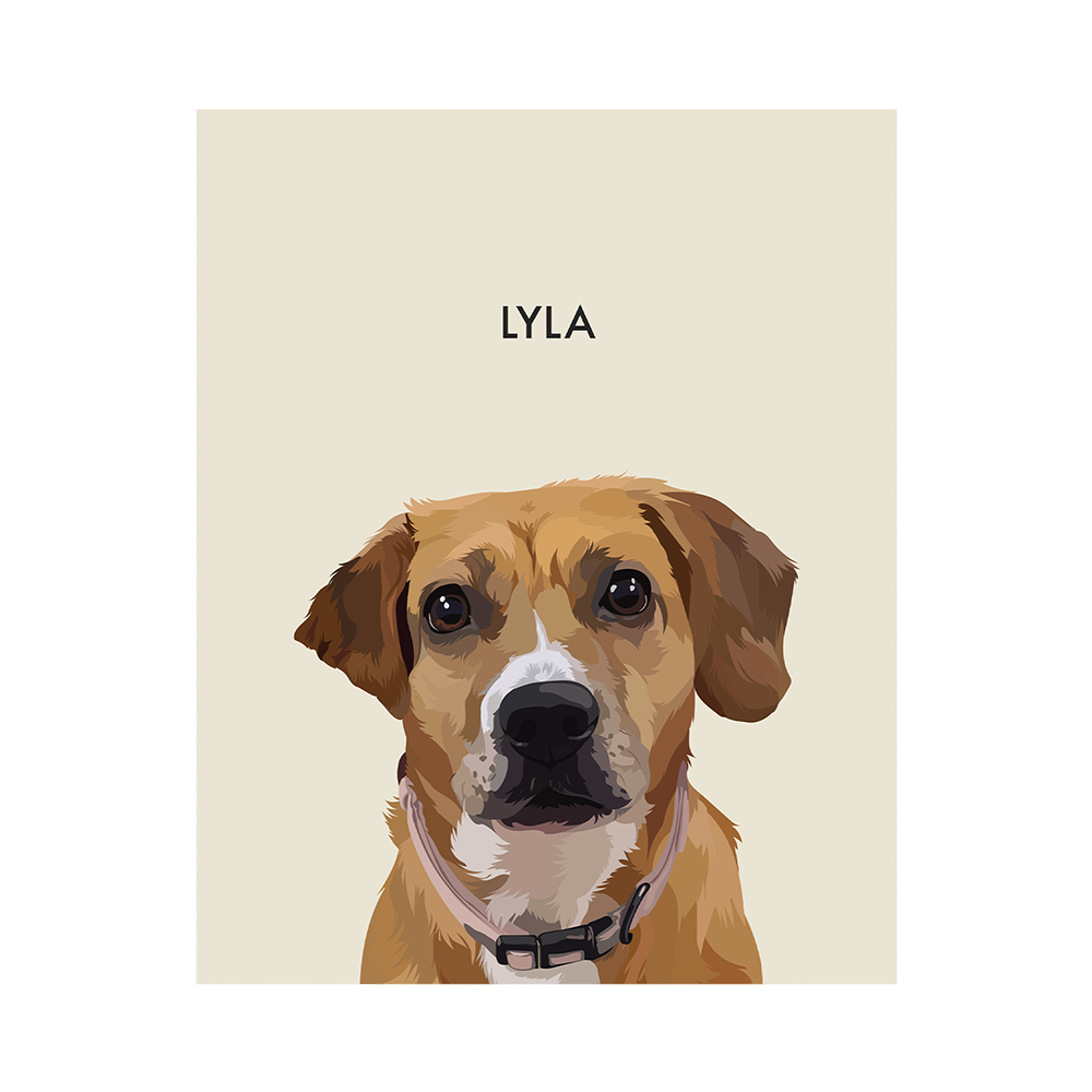 No framed 'Lyla' dog portrait on a beige 8x10 canvas background.