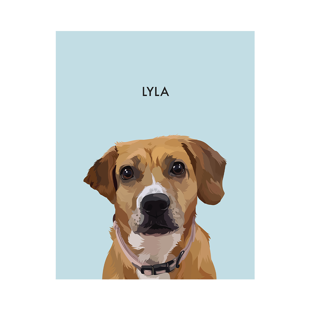 No framed 'Lyla' dog portrait on a blue 8x10 canvas background.