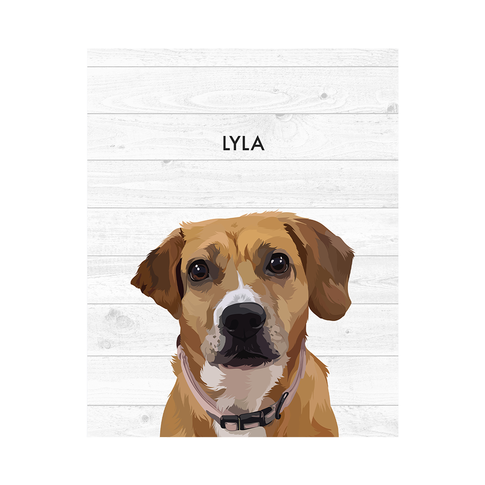 No framed 'Lyla' dog portrait on a white wood 8x10 canvas background.