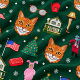 Close-up of the A Christmas Story print showing custom pet faces with movie icons and holiday trees on a green fabric