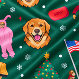 Close-up of the A Christmas Story print showing custom pet faces with movie icons and holiday trees on a green fabric
