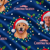 Close-up of the A Griswold Christmas print showing custom pet faces in Santa hats framed by string lights on a navy fabric