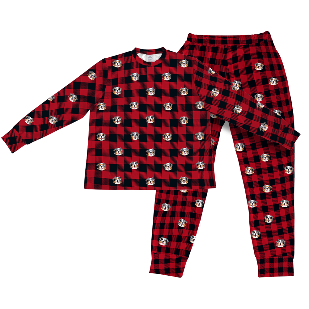 This is a Buffalo Plaid print jogger pajama set with a long sleeve shirt and jogger pants covered in repeating pet faces[PajamaSet(Shirt&Joggers)]