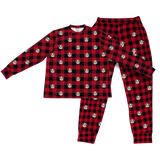This is a Buffalo Plaid print jogger pajama set with a long sleeve shirt and jogger pants covered in repeating pet faces[PajamaSet(Shirt&Joggers)]