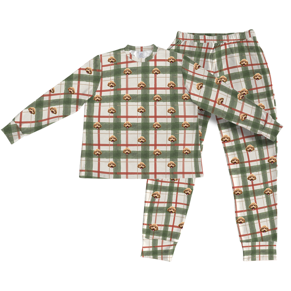 This is a Light Christmas Flannel print jogger pajama set with a long sleeve shirt and jogger pants covered in repeating pet faces[PajamaSet(Shirt&Joggers)]
