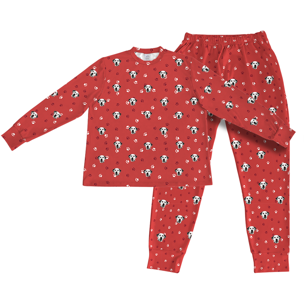 This is a Red Paws print jogger pajama set with a long sleeve shirt and jogger pants covered in repeating pet faces[PajamaSet(Shirt&Joggers)]