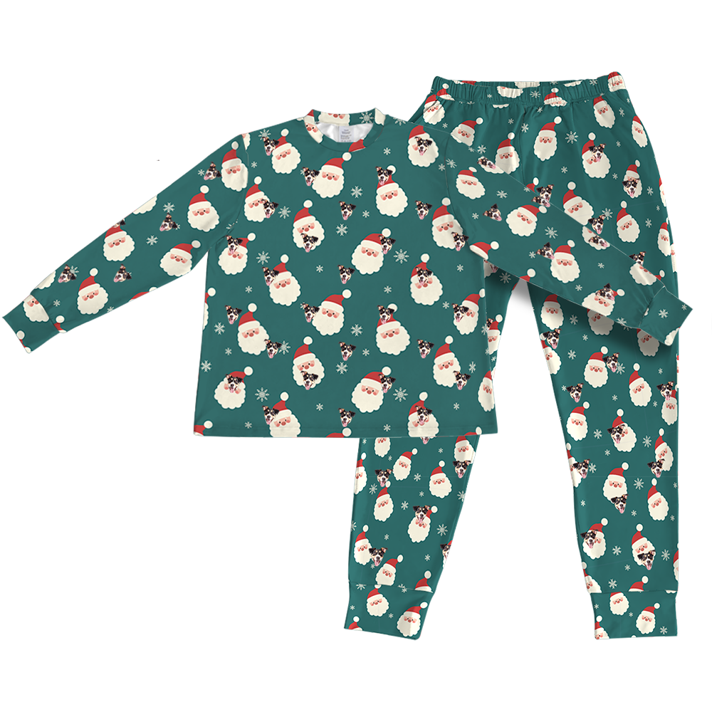 This is a Santa print jogger pajama set with a long sleeve shirt and jogger pants covered in repeating pet faces[PajamaSet(Shirt&Joggers)]