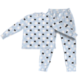 This is a Snowy Gingham print jogger pajama set with a long sleeve shirt and jogger pants covered in repeating pet faces[PajamaSet(Shirt&Joggers)]