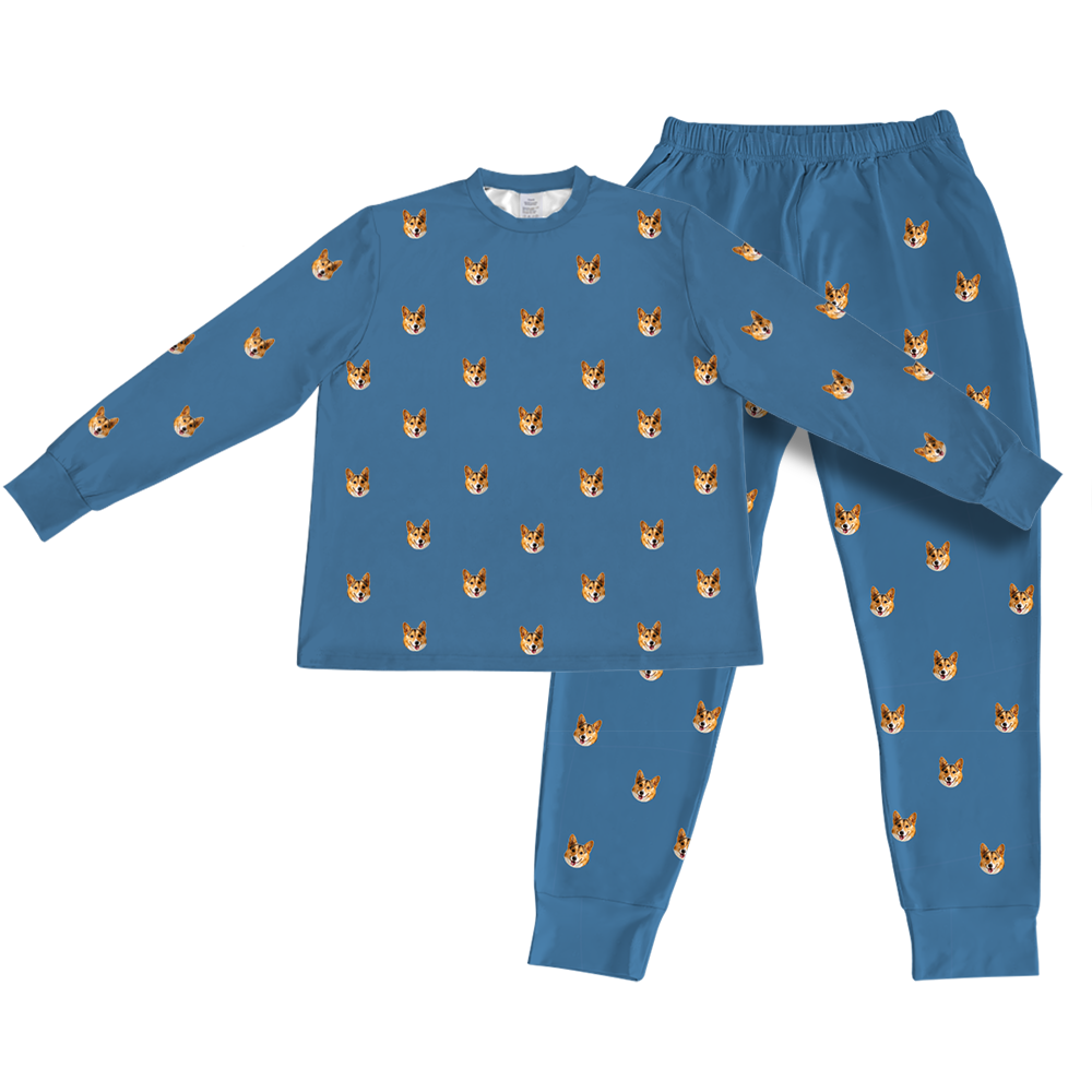 This is a Solid Blue print jogger pajama set with a long sleeve shirt and jogger pants covered in repeating pet faces[PajamaSet(Shirt&Joggers)]
