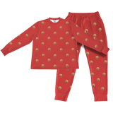 This is a Solid Red print jogger pajama set with a long sleeve shirt and jogger pants covered in repeating pet faces[PajamaSet(Shirt&Joggers)]
