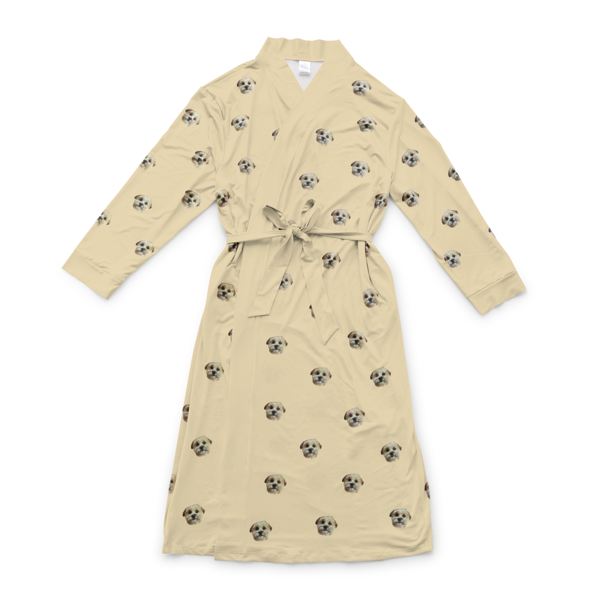Yellow robe with a waist tie and an all-over print of small dog faces, shown on a white background