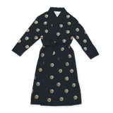 Black robe with a waist tie and an all-over print of small dog faces, shown on a white background