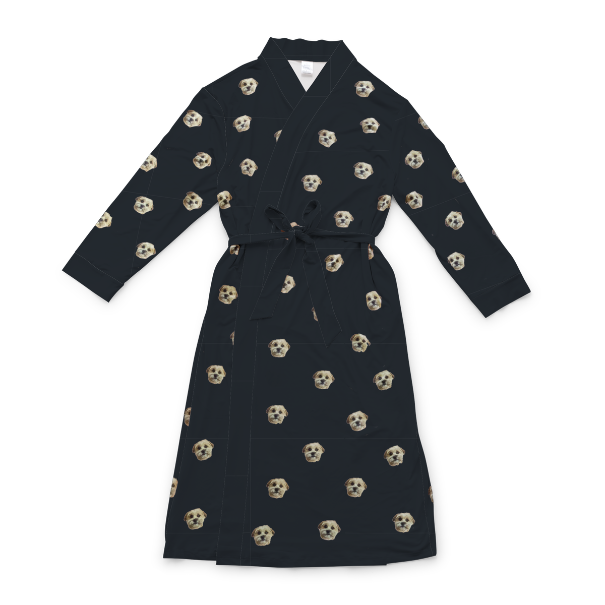 Black robe with a waist tie and an all-over print of small dog faces, shown on a white background