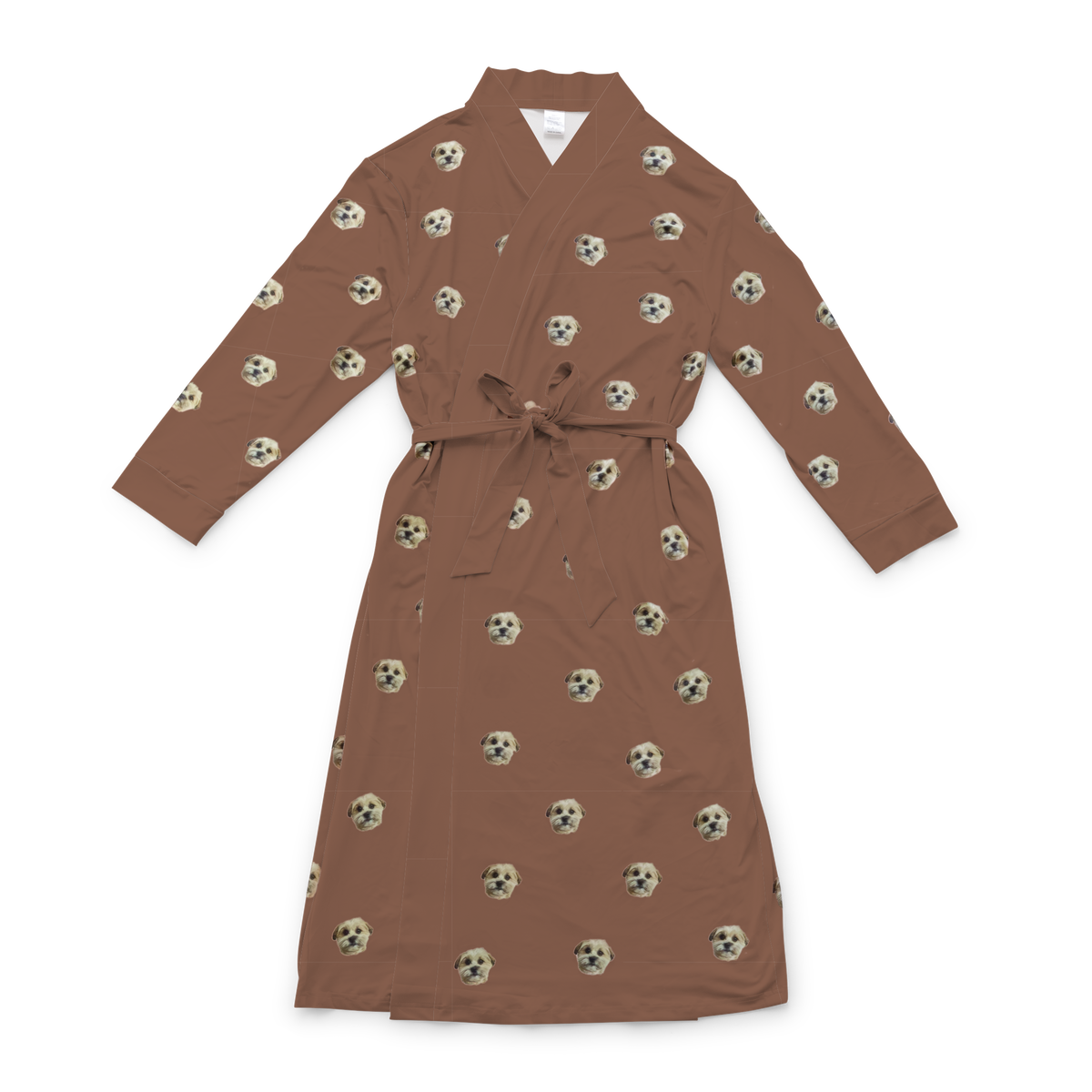 Brown robe with a waist tie and an all-over print of small dog faces, shown on a white background