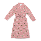 Pink robe with a waist tie and an all-over print of small dog faces, shown on a white background[ILoveMom]