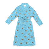 Light blue robe with a waist tie and an all-over print of small dog faces, shown on a white background