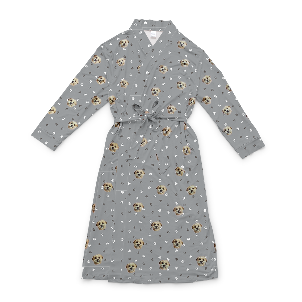 Gray robe with a waist tie and an all-over print of small dog faces, shown on a white background
