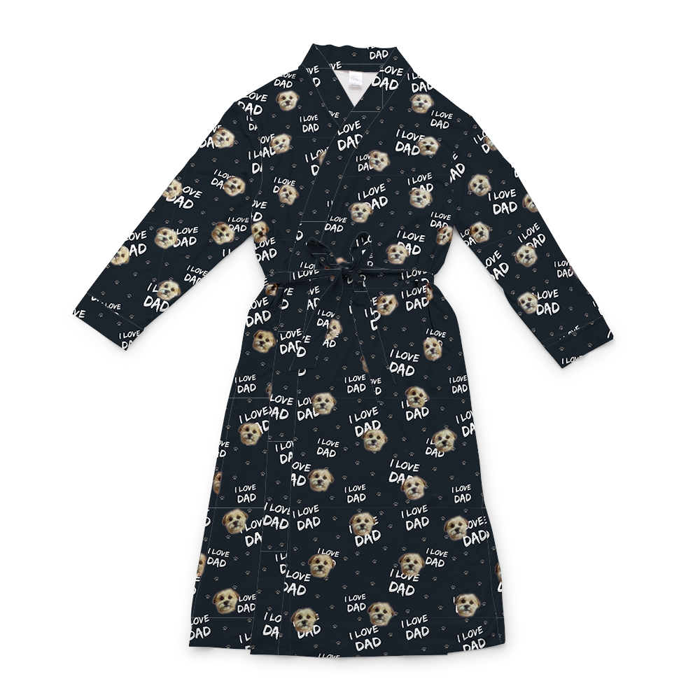 Black robe with a waist tie and an all-over print of small dog faces, shown on a white background