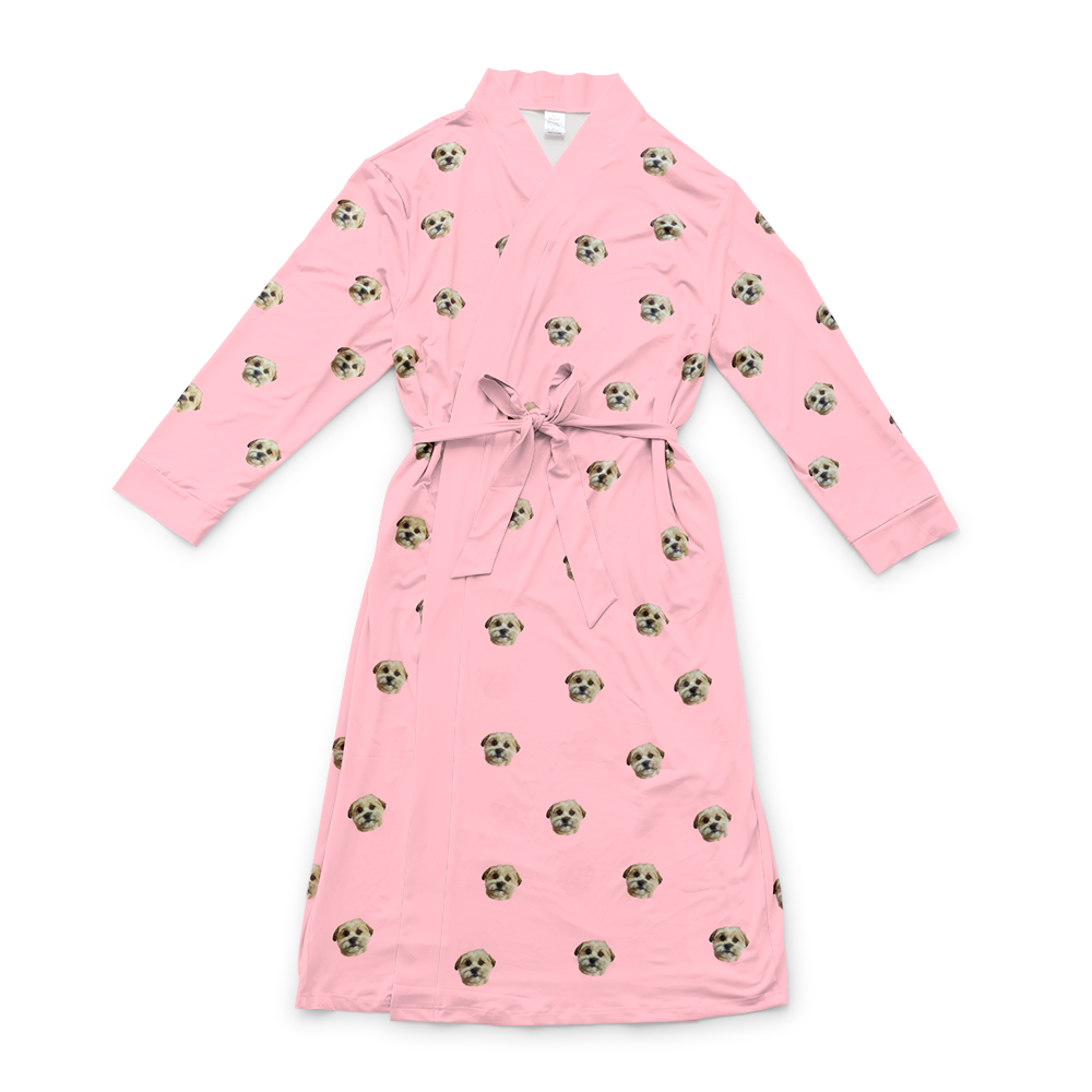Pink robe with a waist tie and an all-over print of small dog faces, shown on a white background[PinkDream]
