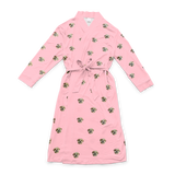 Pink robe with a waist tie and an all-over print of small dog faces, shown on a white background[PinkDream]