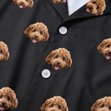 This is a close-up of the Black print fabric on a button-down pajama shirt covered in repeating pet faces[BlackPajamaFabricCloseUp]