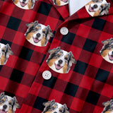 This is a close-up of the Buffalo Plaid print fabric on a button-down pajama shirt covered in repeating pet faces[BuffaloPlaidPajamaFabricCloseUp]