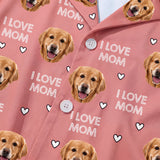 This is a close-up of the I Love Mom print fabric on a button-down pajama shirt covered in repeating pet faces[ILoveMomPajamaFabricCloseUp]