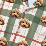 This is a close-up of the Light Christmas Flannel print fabric on a button-down pajama shirt covered in repeating pet faces[LightChristmasFlannelPajamaFabricCloseUp]