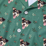 This is a close-up of the Mistletoe print fabric on a button-down pajama shirt covered in repeating pet faces[MistletoePajamaFabricCloseUp]