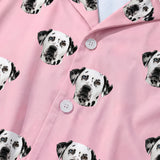This is a close-up of the Pink Dream print fabric on a button-down pajama shirt covered in repeating pet faces[PinkDreamPajamaFabricCloseUp]
