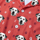 This is a close-up of the Red Paws print fabric on a button-down pajama shirt covered in repeating pet faces[RedPawsPajamaFabricCloseUp]