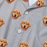 This is a close-up of the Slate Gray print fabric on a button-down pajama shirt covered in repeating pet faces[SlateGrayPajamaFabricCloseUp]
