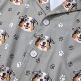 This is a close-up of the Slate Gray Paws print fabric on a button-down pajama shirt covered in repeating pet faces[SlateGrayPawsPajamaFabricCloseUp]