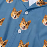 This is a close-up of the Solid Blue print fabric on a button-down pajama shirt covered in repeating pet faces[SolidBluePajamaFabricCloseUp]