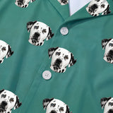 This is a close-up of the Solid Green print fabric on a button-down pajama shirt covered in repeating pet faces[SolidGreenPajamaFabricCloseUp]