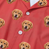 This is a close-up of the Solid Red print fabric on a button-down pajama shirt covered in repeating pet faces[SolidRedPajamaFabricCloseUp]