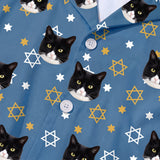 This is a close-up of the Star of David print fabric on a button-down pajama shirt covered in repeating pet faces[StarofDavidPajamaFabricCloseUp]