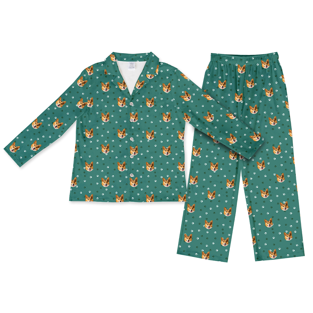 This is a Green Paws print pajama set with a long sleeve button-down shirt and pajama pants covered in repeating pet faces[GreenPawsLongSleevePajamaShirt&PantsSet]