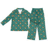 This is a Green Paws print pajama set with a long sleeve button-down shirt and pajama pants covered in repeating pet faces[GreenPawsLongSleevePajamaShirt&PantsSet]
