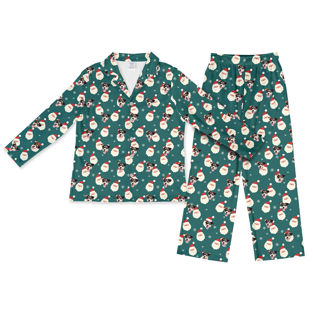 This is a Santa print pajama set with a long sleeve button-down shirt and pajama pants covered in repeating pet faces[SantaLongSleevePajamaShirt&PantsSet]