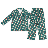 This is a Santa print pajama set with a long sleeve button-down shirt and pajama pants covered in repeating pet faces[SantaLongSleevePajamaShirt&PantsSet]