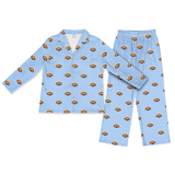 This is a Snowflakes print pajama set with a long sleeve button-down shirt and pajama pants covered in repeating pet faces[SnowflakesLongSleevePajamaShirt&PantsSet]