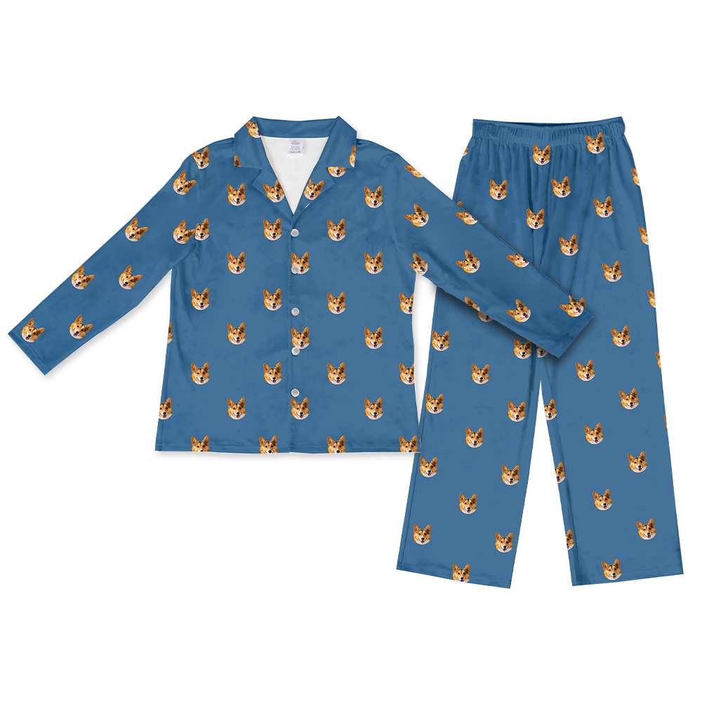 This is a Solid Blue print pajama set with a long sleeve button-down shirt and pajama pants covered in repeating pet faces[SolidBlueLongSleevePajamaShirt&PantsSet]