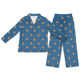 This is a Solid Blue print pajama set with a long sleeve button-down shirt and pajama pants covered in repeating pet faces[SolidBlueLongSleevePajamaShirt&PantsSet]