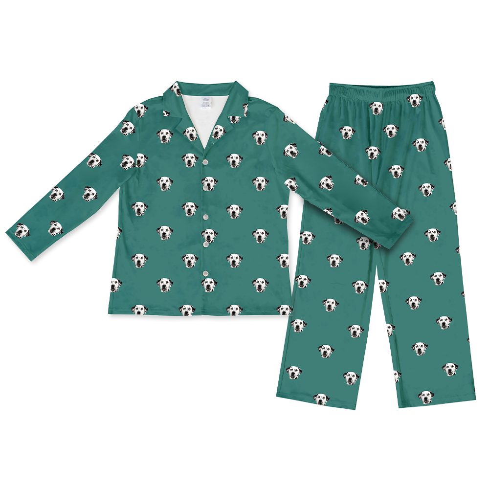 This is a Solid Green print pajama set with a long sleeve button-down shirt and pajama pants covered in repeating pet faces[SolidGreenLongSleevePajamaShirt&PantsSet]