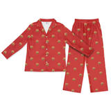 This is a Solid Red print pajama set with a long sleeve button-down shirt and pajama pants covered in repeating pet faces[SolidRedLongSleevePajamaShirt&PantsSet]