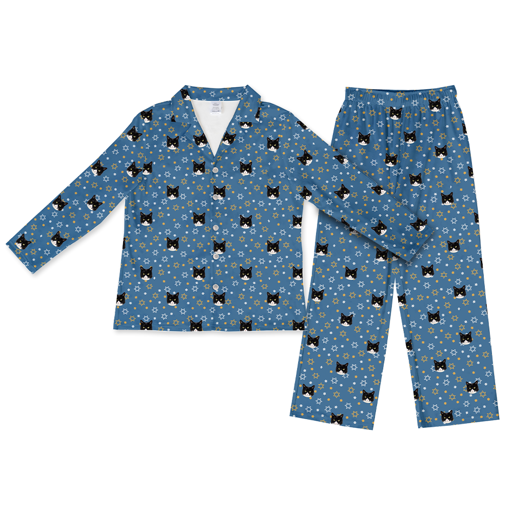 This is a Star of David print pajama set with a long sleeve button-down shirt and pajama pants covered in repeating pet faces[StarofDavidLongSleevePajamaShirt&PantsSet]