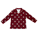 This is a long sleeve button-down pajama shirt in a Buffalo Plaid print with repeating pet faces on it[BuffaloPlaidLongSleevePajamaShirt]